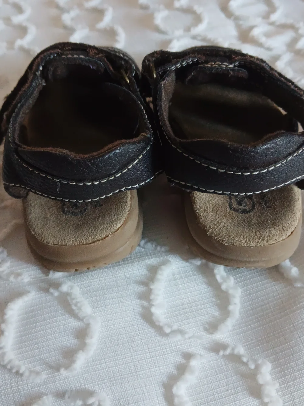 Kids Dark Brown Leather Sandals with White Stitching